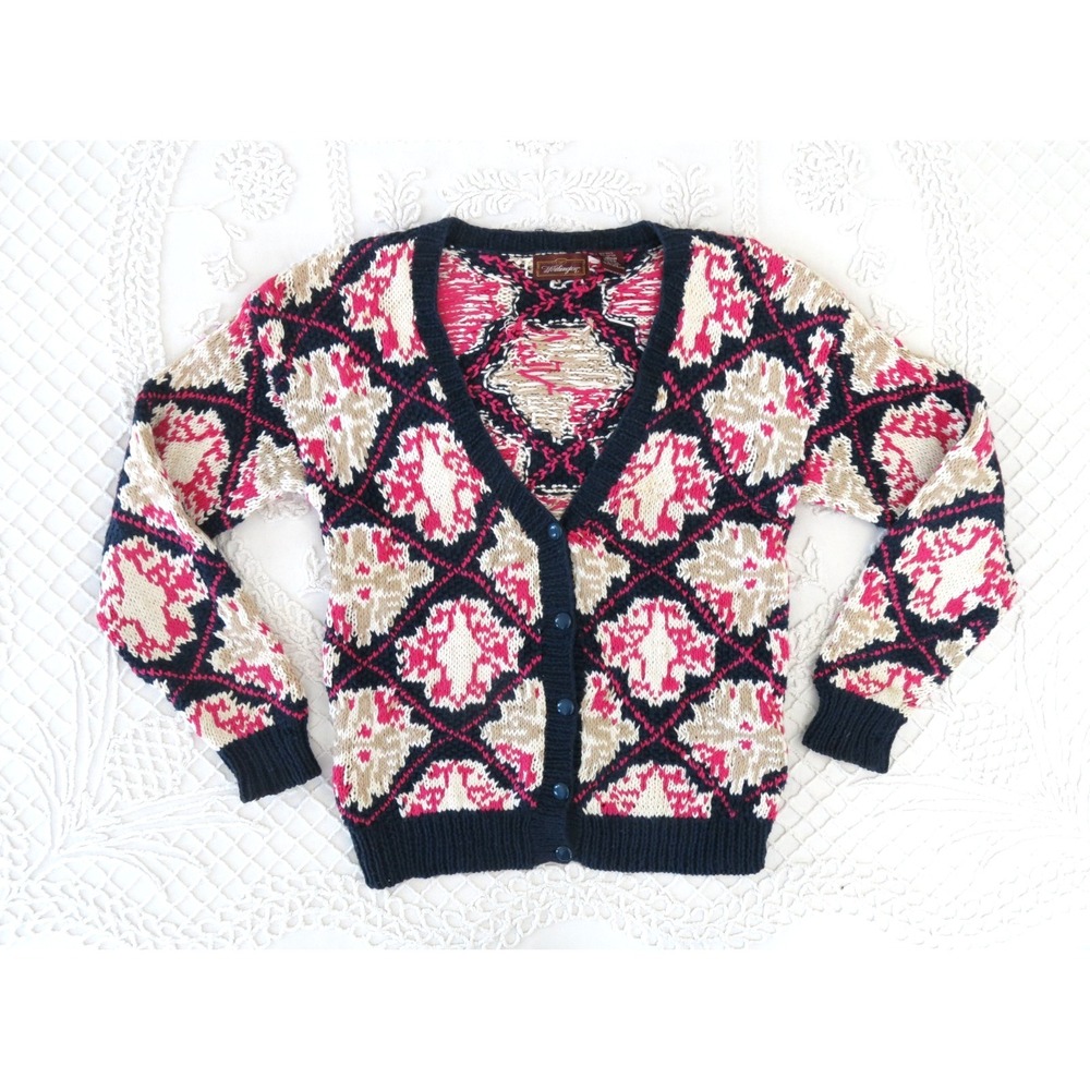 Vintage 90s Worthington Cardigan Sweater M Colorful Abstract Floral Fair Isle